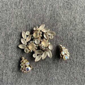 Vintage continental signed moonglow brooch and ab earrings